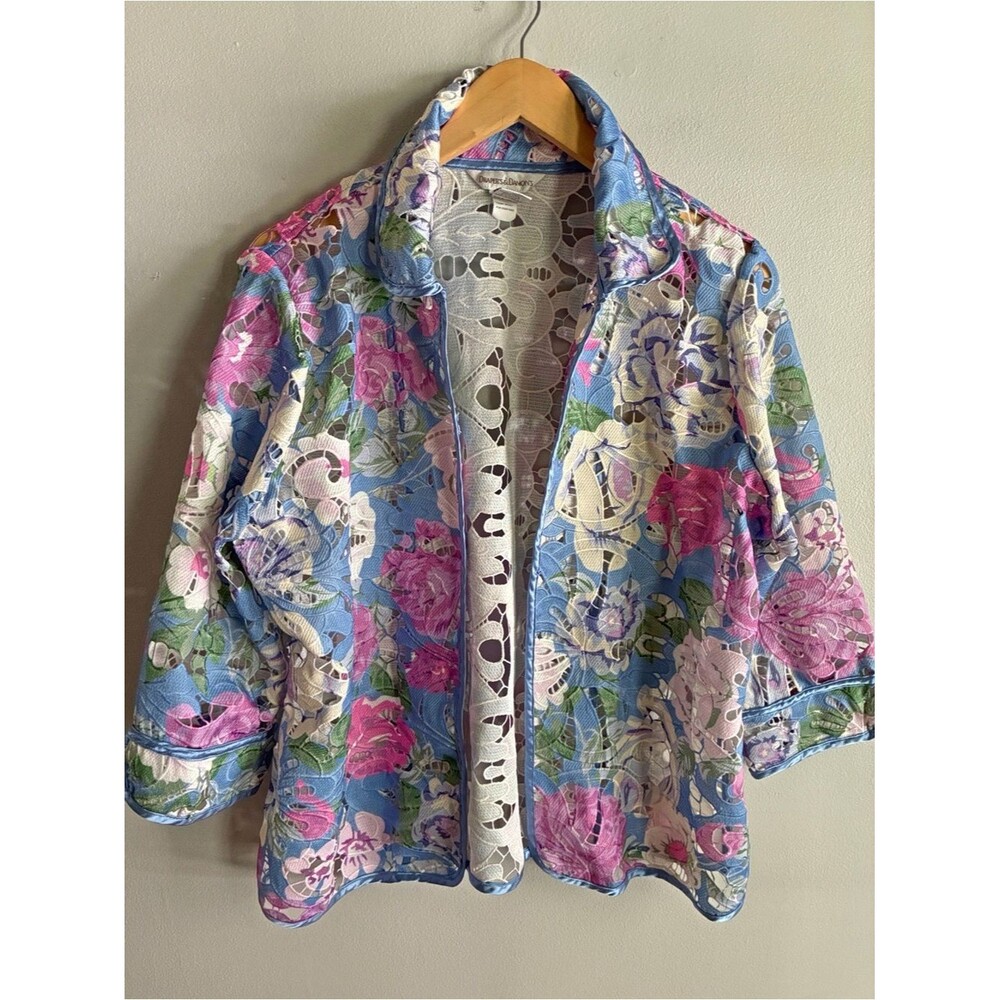 Vintage Floral Lace Jacket Blue Pink Open Front Collared Topper Large